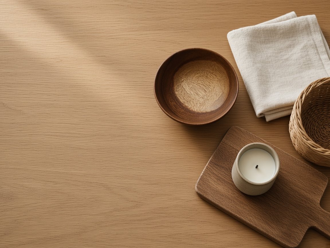 Heimstück — ausgewählte Haus- und Küchenartikel auf einem Holztisch